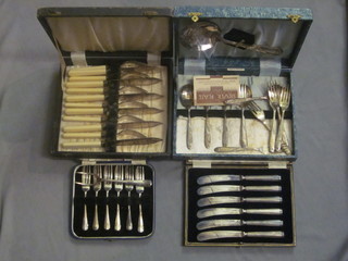 A set of 6 silver plated fish knives and forks, 6 silver plated fruit spoons, 6 silver handled tea knives and 6 silver plated pastry  forks, all cased