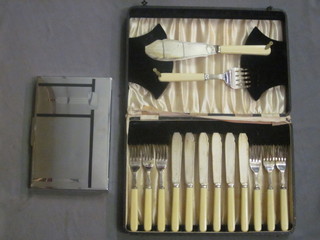 A cased set of 6 silver plated fish knives and forks complete with servers, cased, together with a chromium plated cigarette box