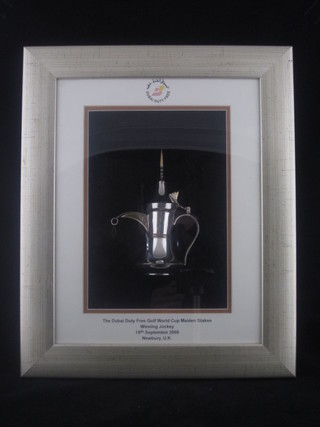 A white metal racing trophy in the form of a coffee pot - The  Dubai Duty Free World Golf Cup Maiden Stakes 19th September  2008, signed by Frankie Dettori