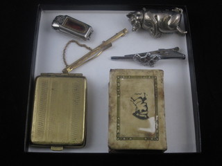 A silver plated vesta case in the form of a seated pig marked Little Wadhurst Farm, a match slip decorated soldiers and sailor  and a small collection of curios