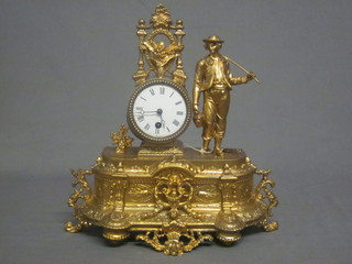 A 19th Century French 8 day mantel clock with enamelled dial  and Roman numerals contained in a gilt metal case depicting a  gardener 13"  ILLUSTRATED