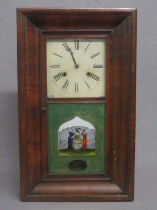 An American 30 hour wall clock by Jerome & Co., having a  painted dial with glass door painted 2 figures of standing ladies