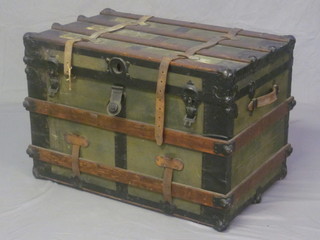 A 19th Century square fibre and wooden bound cabin trunk with  hinged lid