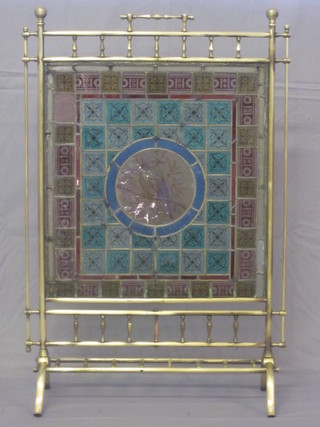 A handsome Art Nouveau brass and stained glass fire screen 25"   ILLUSTRATED