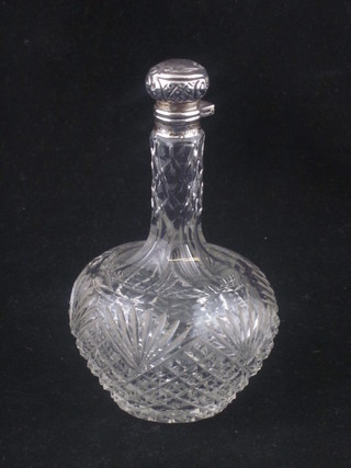 A Victorian cut glass club shaped scent bottle complete with  stopper and embossed silver lid, Birmingham 1898, 4"