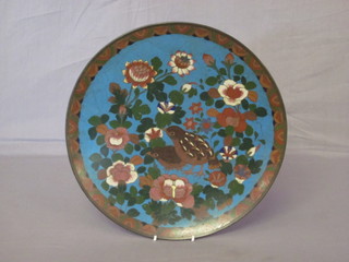 A blue ground cloisonne plate decorated birds and flowers 12"