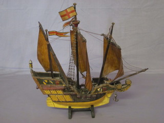 A painted wooden model of a galleon - La Bonza Esperanza  sailed by Sir Hugh Willoughby 16"