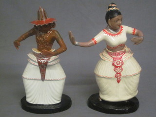 2 Ceylonese papier mache painted figures of dancers 12"