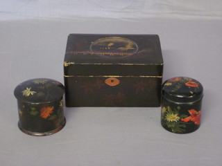 A rectangular Eastern lacquered box with hinged lid, f, 7" and 2 cylindrical papier mache boxes 2 1/2"