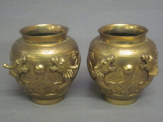 A pair of Eastern gilt metal vases decorated dragons, the base  with seal mark 6"