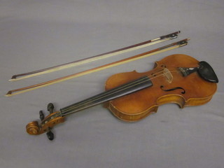 A violin with 2 piece back 14", together with 2 bows