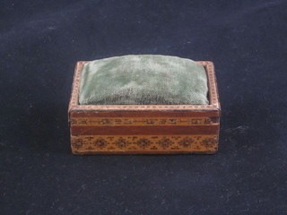 A rectangular Tonbridge ware pin cushion, 3"