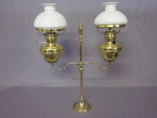 An electric reproduction Victorian brass double oil lamp