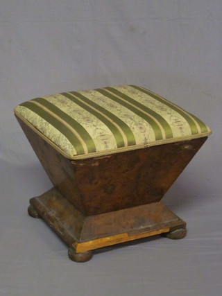 A Victorian square waisted Pollard oak footstool with hinged lid,  raised on bun feet 16"