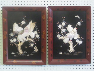 A pair of Eastern lacquered mother of pearl pictures of birds 14"  x 11"