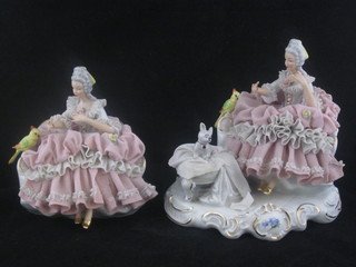 2 late Dresden porcelain figures of seated crinoline ladies 5"