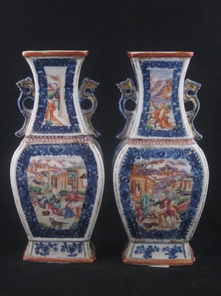 A pair of Oriental porcelain square club shaped twin handled vases, decorated court figures 10", 1 f,   ILLUSTRATED