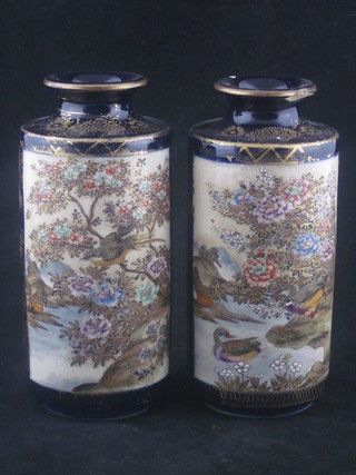 A pair of Japanese Satsuma Rollo vases decorated birds, 1 chipped to rim, bases with with seal marks 6"