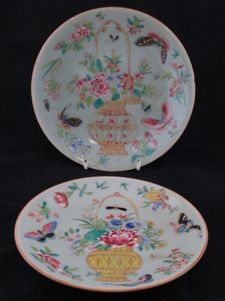 4 19th Century Oriental green glazed plates with floral  decoration, the reverse with seal mark 8", 1 chipped,