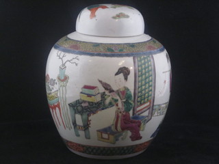 An Oriental porcelain ginger jar and cover decorated court figures, the base with 4 character mark 9"