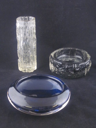 A Whitefriars blue glass ashtray 6", a circular ashtray and a vase