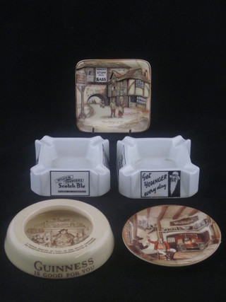 2 Royal Doulton William Young Scotch Ale advertising ashtrays,  a Guinness circular advertising ashtray and 2 other advertising  ashtrays