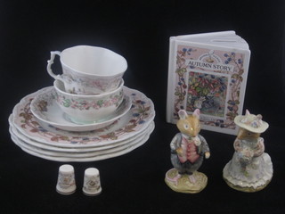 2 Royal Doulton Bramley Hedge figures - Dusty Dogwood and  Poppy Eyebright together with a moneybox, 4 plates, cup, saucer  and sugar bowl and 2 thimbles