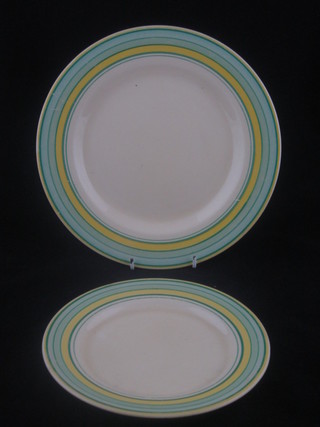 A circular Clarice Cliff yellow and green banded dinner plate 10"  and a do. side plate 8"