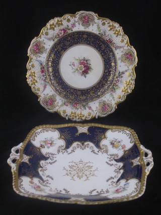 A Copeland circular plate with gilt and floral decoration 9", cracked together with a Copeland twin handled porcelain dish  with blue and gilt banding and floral decoration 9"
