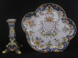 A Quimper shaped dish with Armorial decoration 10", f, together  with a ditto candlestick 6"