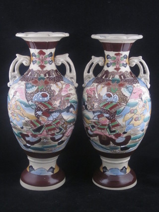 A pair of Japanese Satsuma pottery vases decorated Warriors 12"