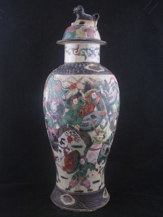A Japanese Satsuma vase and cover decorated Warriors 14"