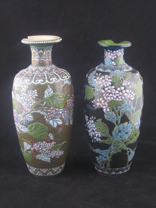2 similar Oriental green glazed club shaped vases with enamelled decoration 10", both rims f,
