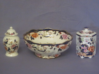 A circular Masons Mandalay pattern bowl 10", an octagonal jar and cover 5", and a small urn and cover 5"