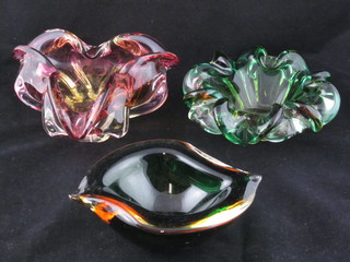 3 various Murano style glass ashtrays 6"