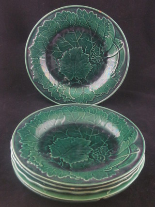 6 various green leaf plates, 2 chipped, 9"