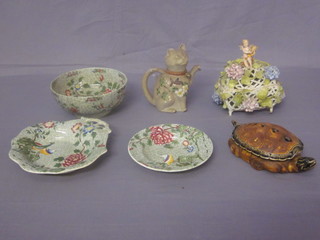 A Continental porcelain trinket box in the form of a tortoise 10",  a novelty teapot in the form of a cat, a pierced lattice work  trinket box, f, and a green glazed Copeland Spode bowl and 2  matching dishes