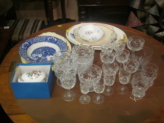 An Aynsley trinket box in the form of an egg, 5 cut glass sundae dishes, various cut glass glasses, meat plates etc