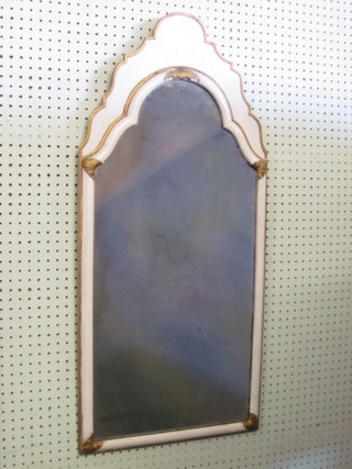 A Continental arched plate mirror contained in a white and gilt painted frame 17"