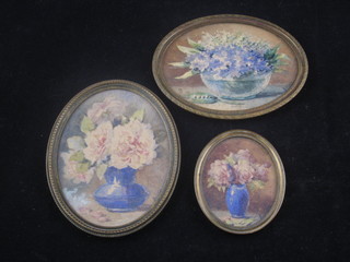 Aosse, 3 various miniature watercolours, still life studies "Flowers" 3"