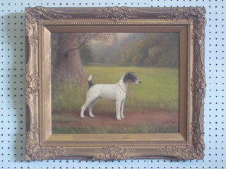 H Crowther, oil on canvas, still life study "Standing Fox Terrier Shapenhil Boy" 11" x 14 1/2"  ILLUSTRATED