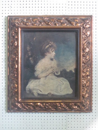 After Reynolds, a coloured print "Seated Girl" 16" x 12 1/2", contained in a decorative gilt frame