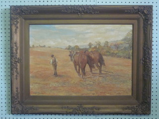 Simon Mouncey, oil on canvas "Horse Drawn Harrow" 14" x  19" contained in a decorative frame