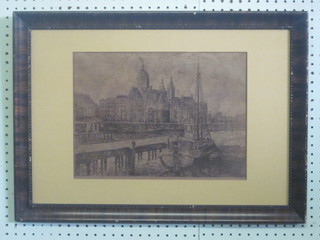 An etching, "Continental Harbour with Buildings" indistinctly  signed to bottom right and left hand corners 10" x 14"