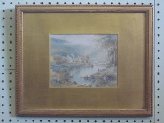 Watercolour drawing "Figures Fishing" 5" x 6", indistinctly  signed to bottom left hand corner