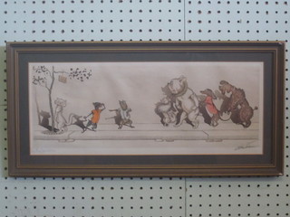 A humerous French coloured print "Cats and Dogs" indistinctly signed in the margin 7" x 17"
