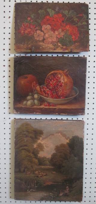 P F Wright, 3 Victorian oil on canvas "Children by a River with  Sheep" 12" x 10", "Pomegranate" 8" x 10" and "Primroses" 7" x  10"