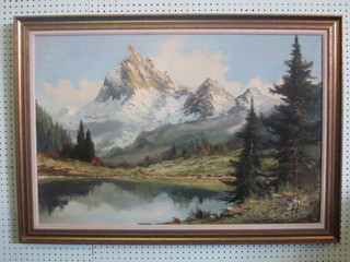 F Hoos, oil on canvas "Alpine Mountain Scene" 24" x 35"
