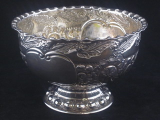A Victorian circular embossed silver pedestal bowl, engraved  Joiners Company Souvenir Queen Victoria's Diamond Jubilee  Birmingham 1897, 10 ozs  ILLUSTRATED