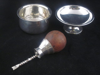 A silver plated circular pedestal bowl, a silver plated sugar bowl,  an Eastern straw pap straw etc
